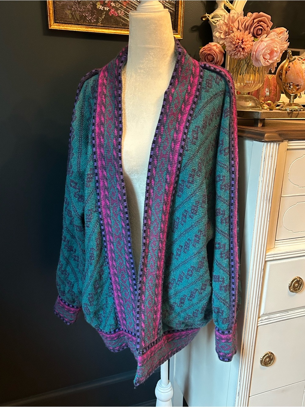 Vintage 100% Wool Open-Front Teal and Purple Knit Cardigan